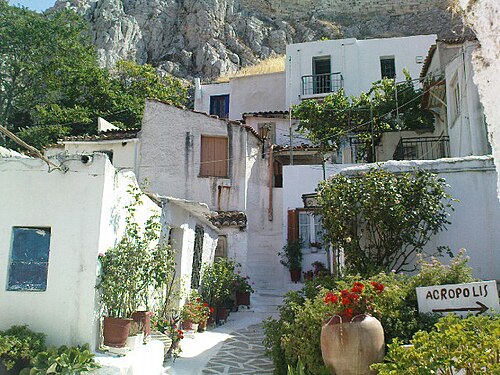 Whitewashed island-style houses of Anafiotika under the Acropolis in Athens