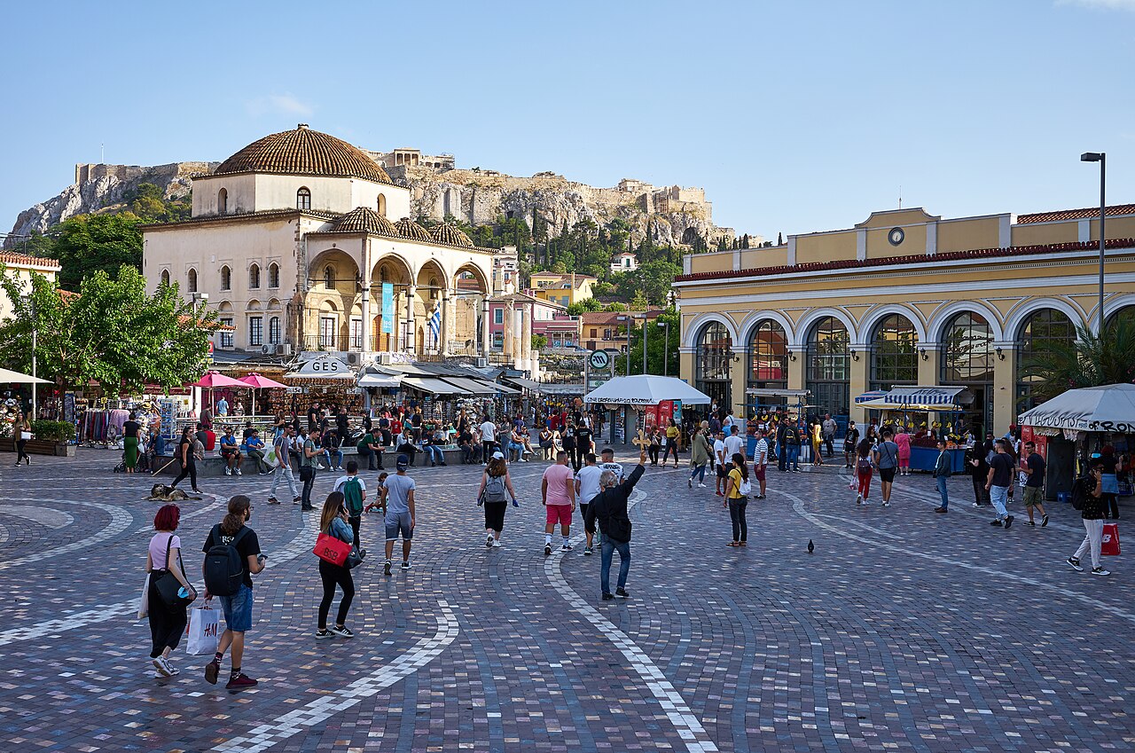 Monastiraki Square in Athens with the flea market and Acropolis in the background