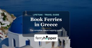 Book ferries in Greece with Ferryhopper — blue-domed church above the Aegean, island-hopping guide