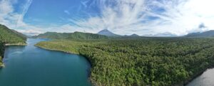 Mount Fuji rising over Lake Saiko, Japan — aerial panorama
