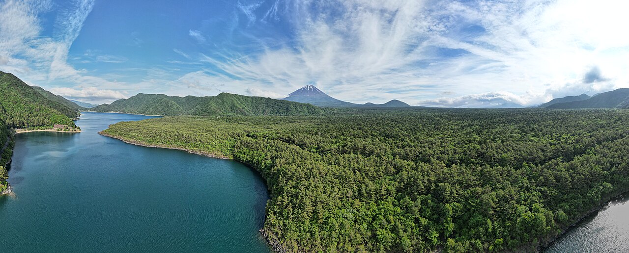 Mount Fuji rising over Lake Saiko, Japan — aerial panorama