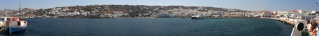 The famous windmills and white town of Mykonos, Cyclades Greece