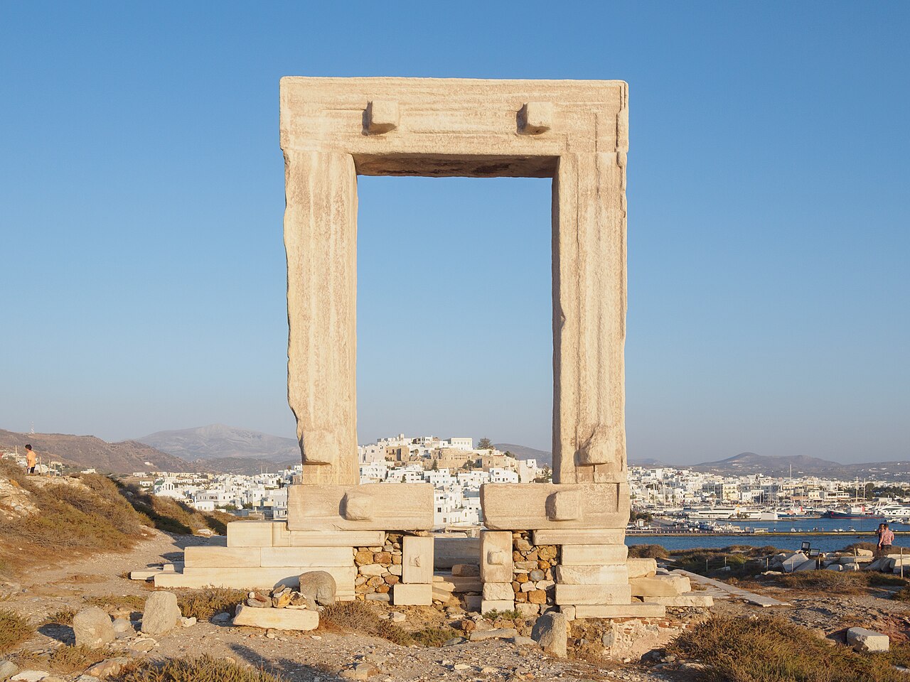 The Portara marble gate of Naxos at sunset, Cyclades Greece